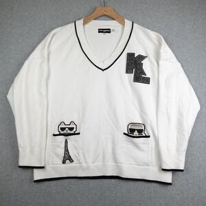 KARL LAGERFELD WHIMSY VARSITY SWEATER W/POCKETS WOMENS XL WHITE PEEKING POCKETS